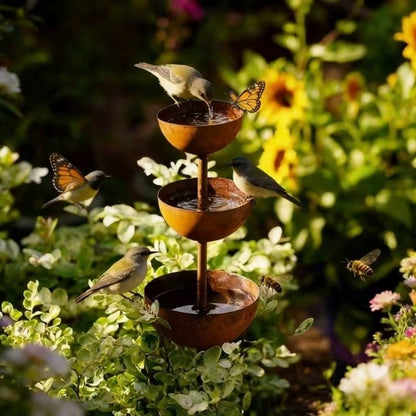 1Pc Vintage Iron Rainwater Collector - Garden Decorative Ground Stake with Bird Feeder and Bee Waterer