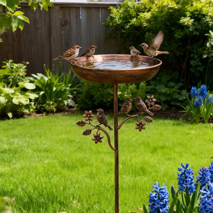 Vogeltränke Garten aus Eisen mit Erdspiess & Vogeldekor