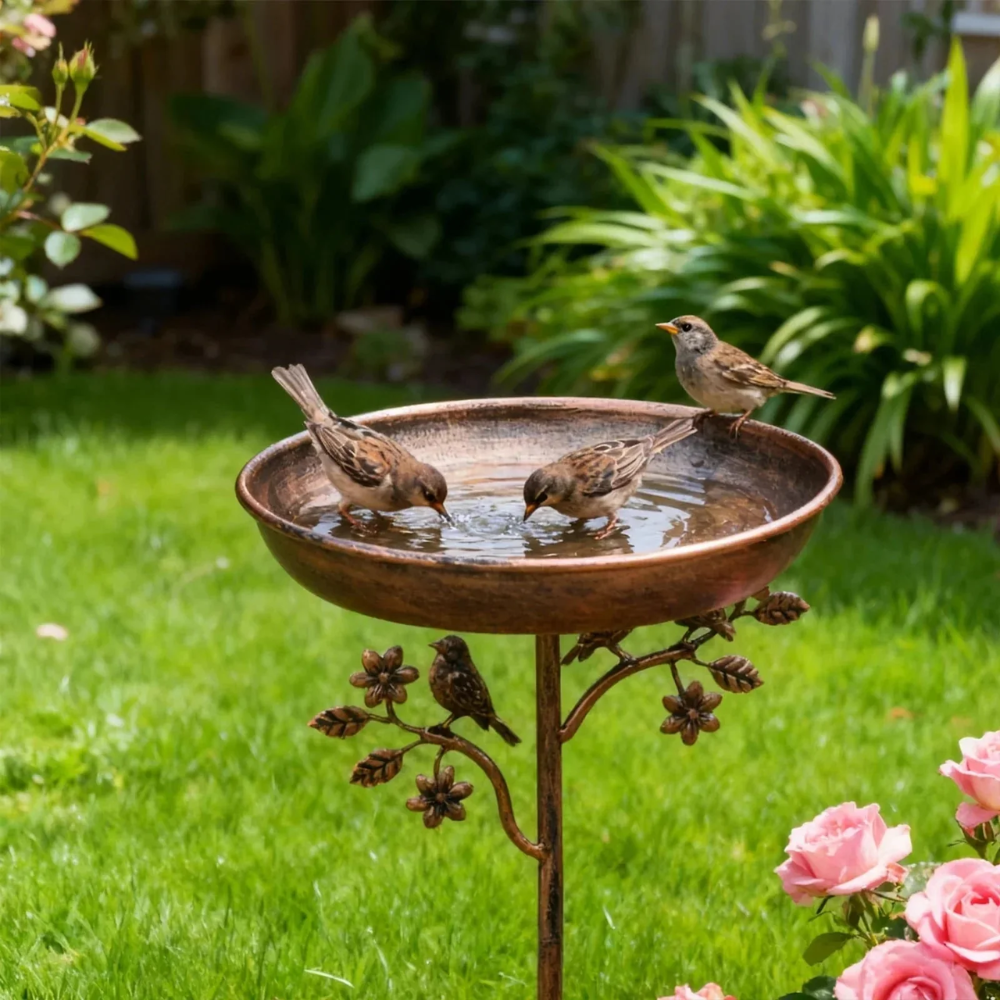 Vogeltränke Garten aus Eisen mit Erdspiess & Vogeldekor
