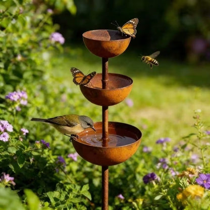 1Pc Vintage Iron Rainwater Collector - Garden Decorative Ground Stake with Bird Feeder and Bee Waterer