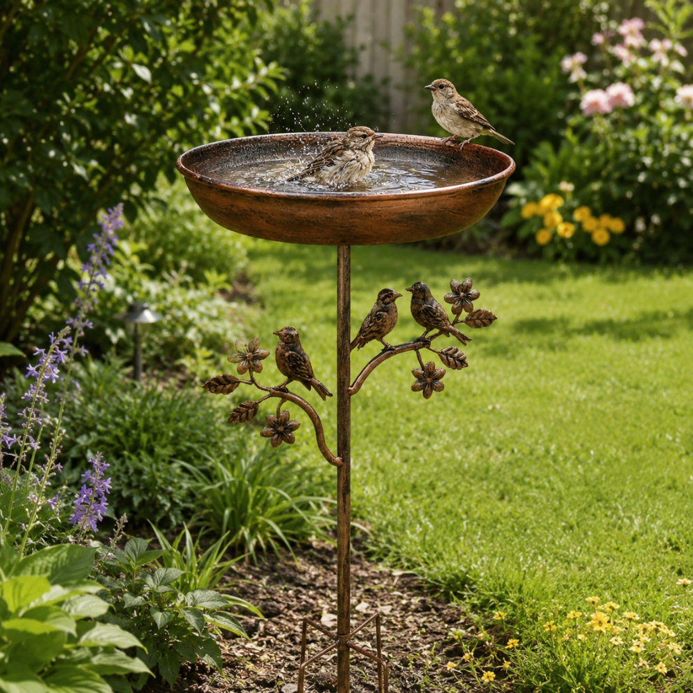 Vogeltränke Garten aus Eisen mit Erdspiess & Vogeldekor