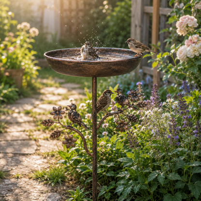 Vogeltränke Garten aus Eisen mit Erdspiess & Vogeldekor