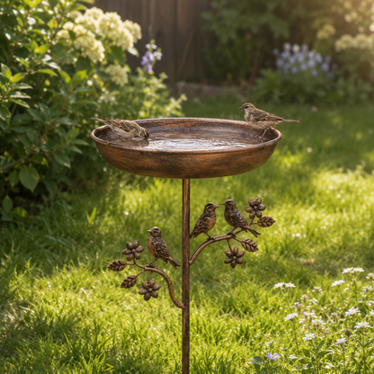 Vogeltränke Garten aus Eisen mit Erdspiess & Vogeldekor