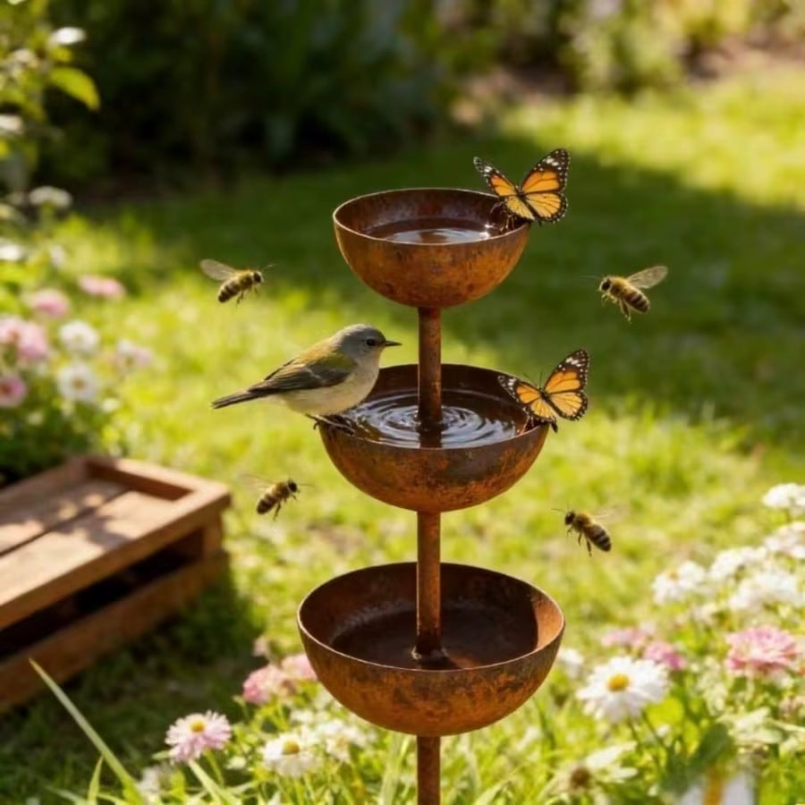 1Pc Vintage Iron Rainwater Collector - Garden Decorative Ground Stake with Bird Feeder and Bee Waterer