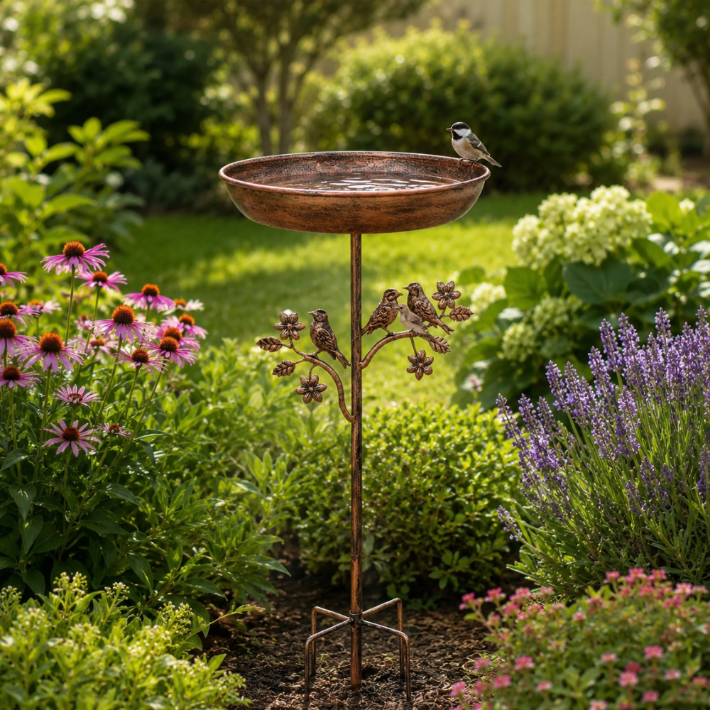 Vogeltränke Garten aus Eisen mit Erdspiess & Vogeldekor