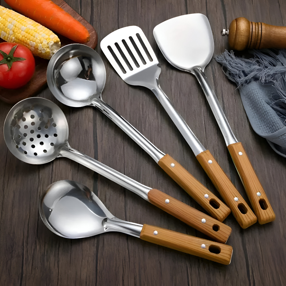 Küchenutensilien Set 5-teilig, Edelstahl mit Holzgriff