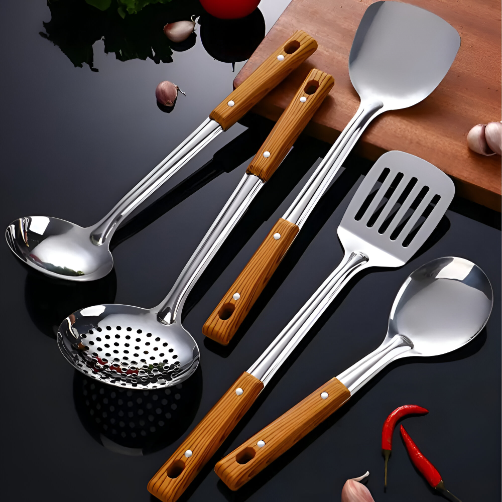 Küchenutensilien Set 5-teilig, Edelstahl mit Holzgriff
