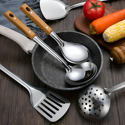 Küchenutensilien Set 5-teilig, Edelstahl mit Holzgriff
