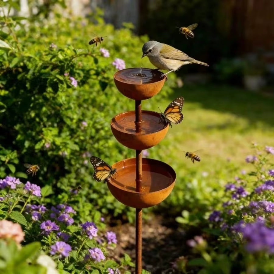 1Pc Vintage Iron Rainwater Collector - Garden Decorative Ground Stake with Bird Feeder and Bee Waterer