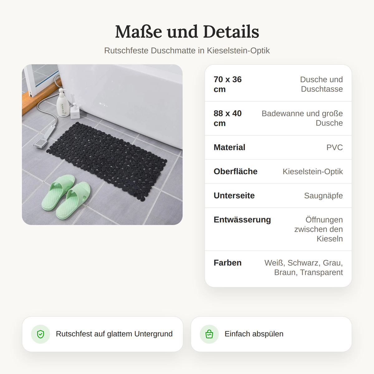 Rutschfeste Duschmatte Kieselstein-Optik mit Saugnäpfen