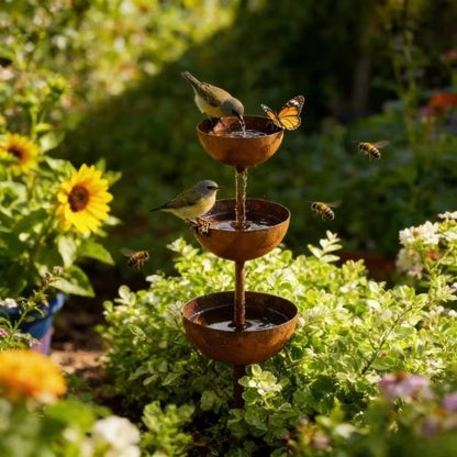1Pc Vintage Iron Rainwater Collector - Garden Decorative Ground Stake with Bird Feeder and Bee Waterer