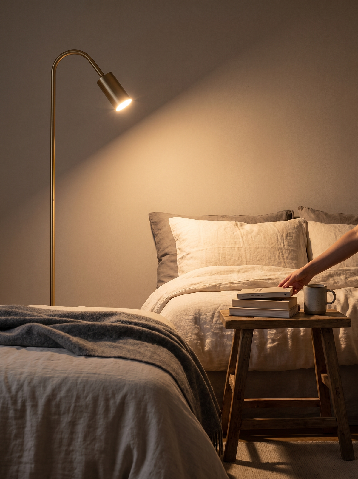 Stehlampe aus Kupfer mit warmem Licht im Schlafzimmer