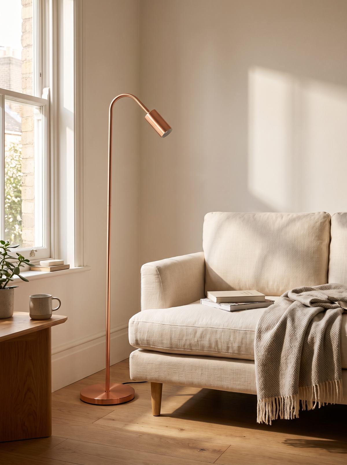 Schlanke Stehlampe aus Kupfer neben dem Sofa