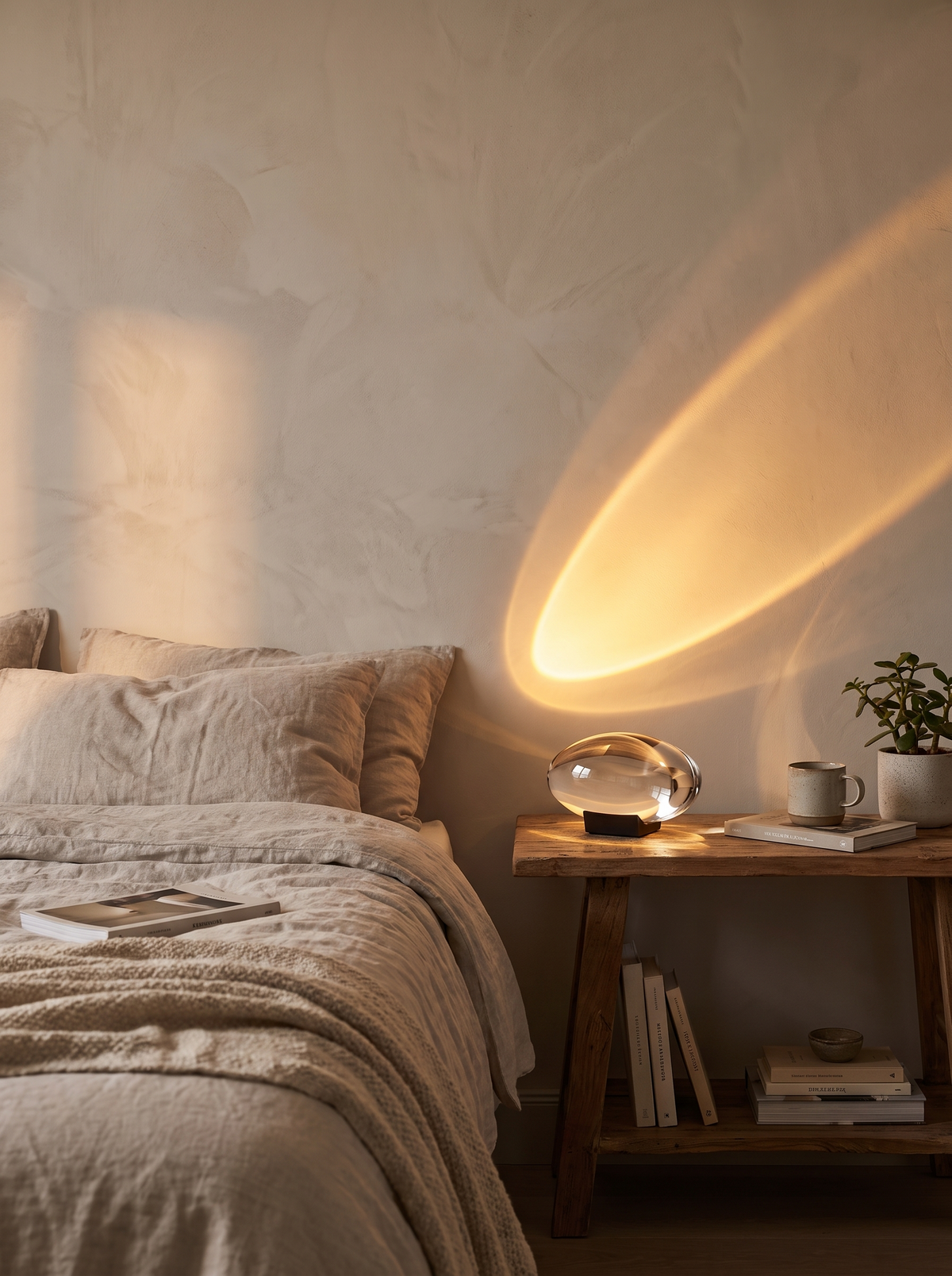 Sunset Lampe wirft einen warmen Lichtbogen an die Wand hinter dem Bett