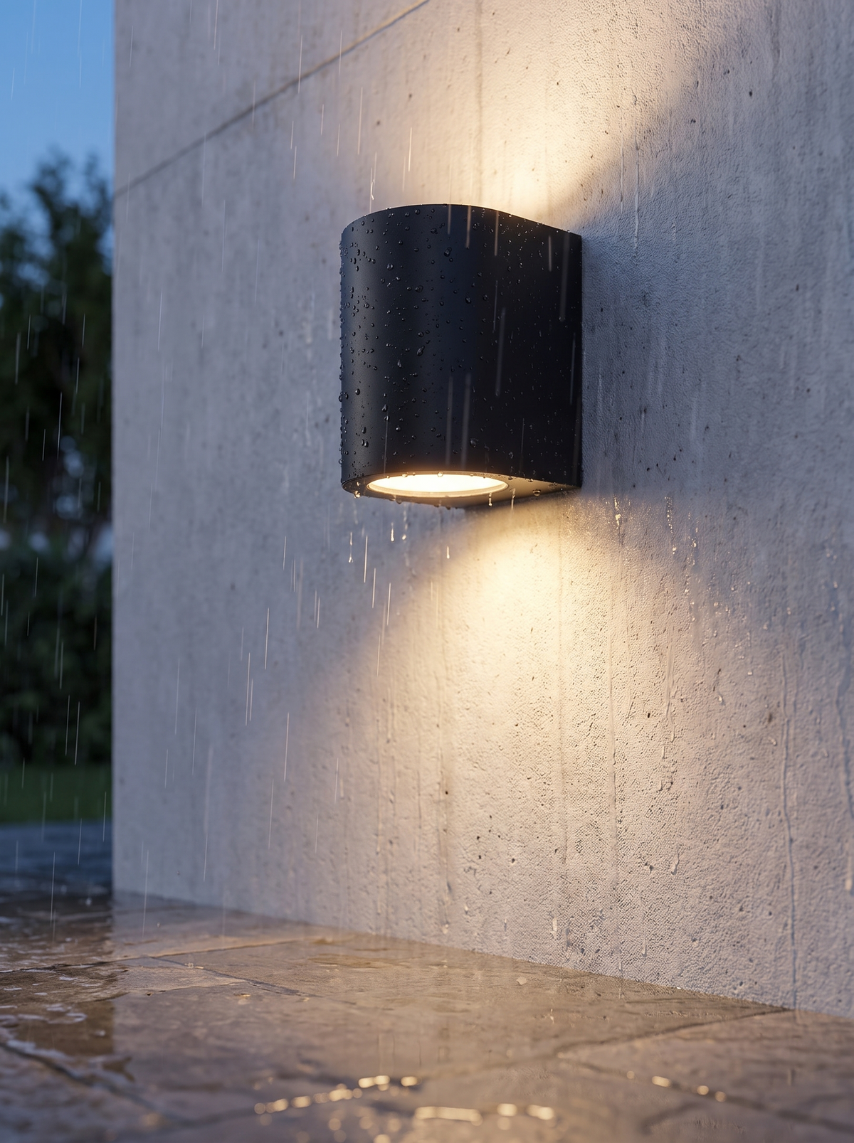 LED Aussenwandleuchte aus Aluminium bei Regen