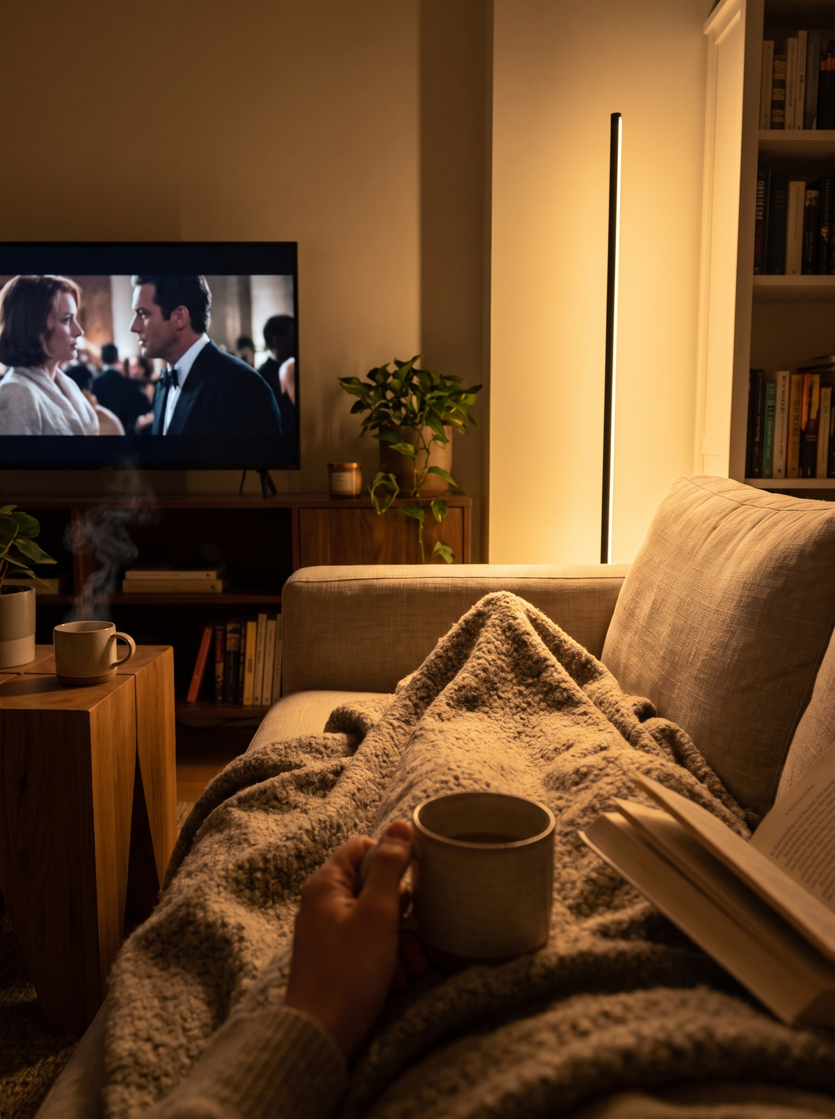 Gedimmte LED Stehlampe neben dem Sofa am Filmabend