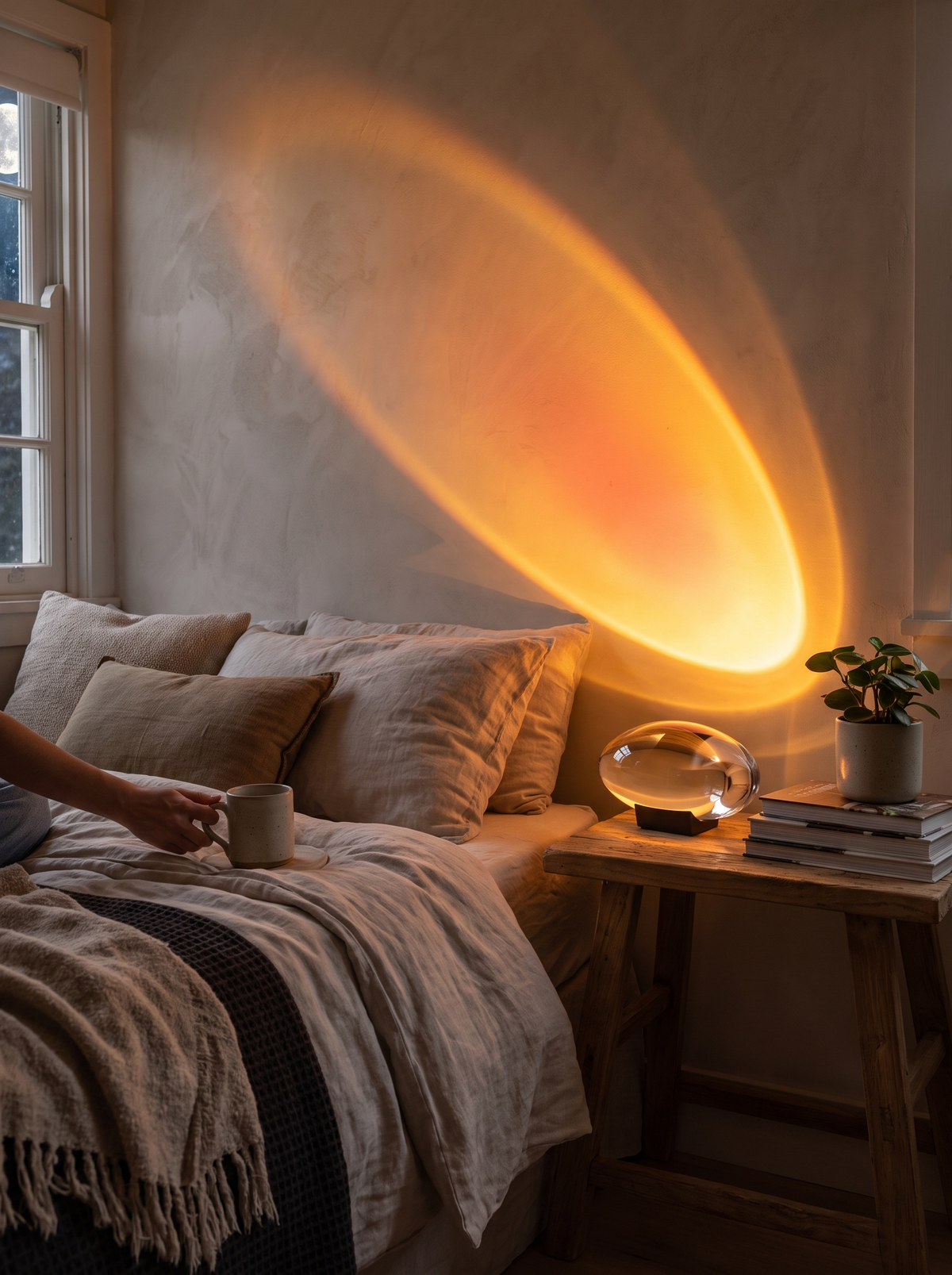 Sunset Lampe mit Regenbogenlicht neben dem Monitor