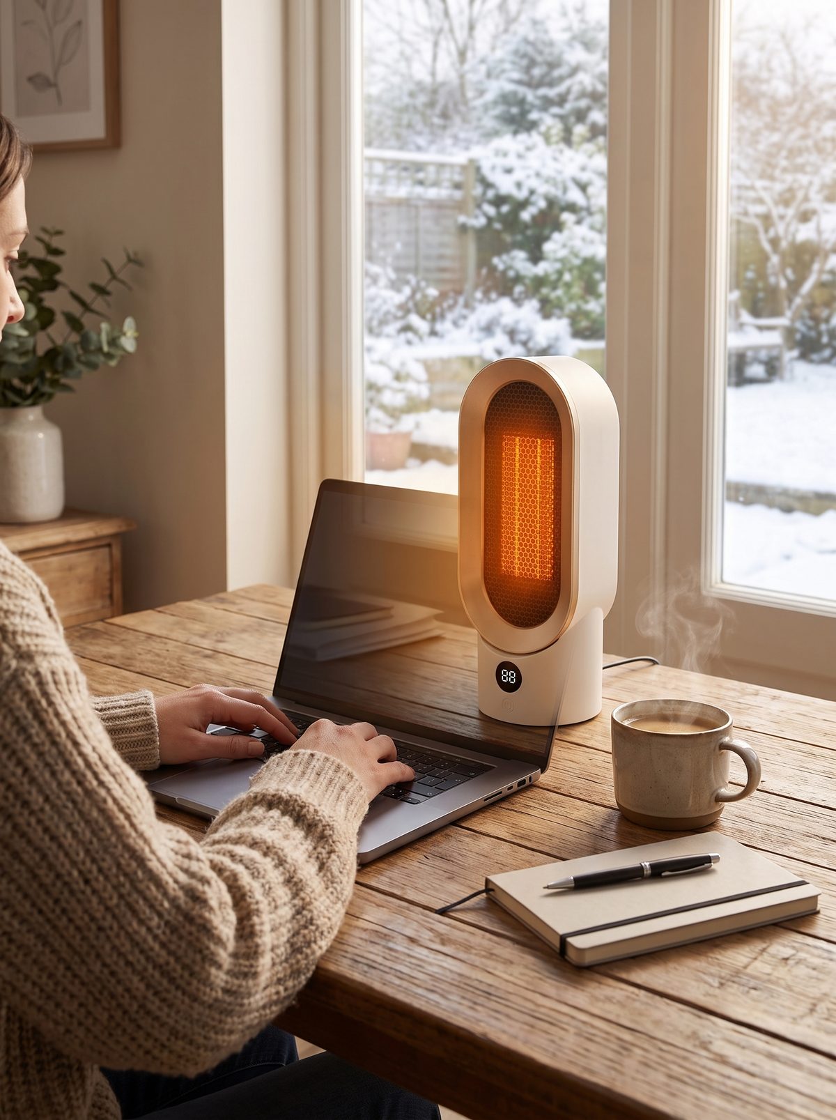 Keramik Heizlüfter auf dem Schreibtisch im Homeoffice