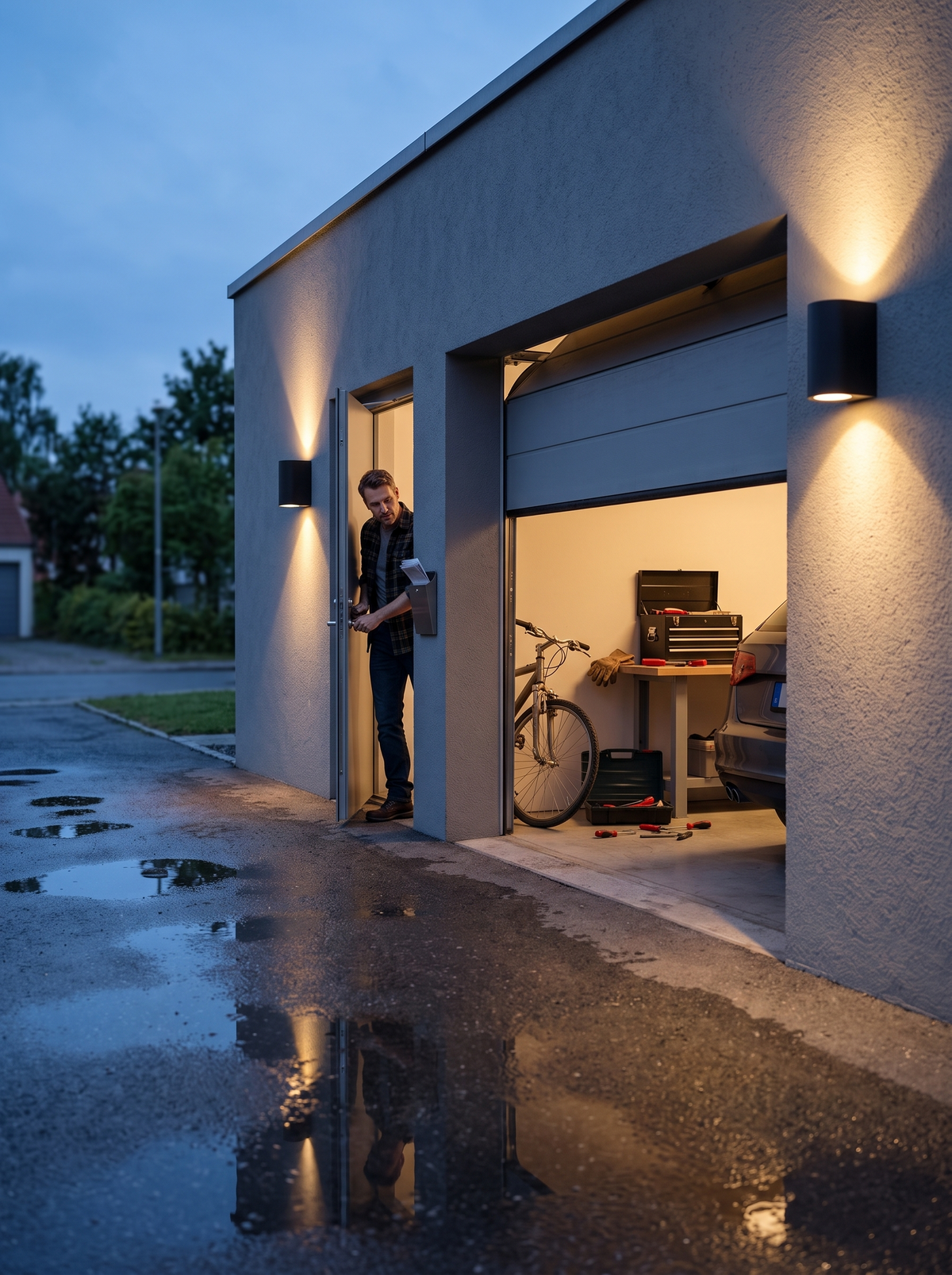 Aussenwandleuchte mit Lichtkegel nach oben und unten an der Garage