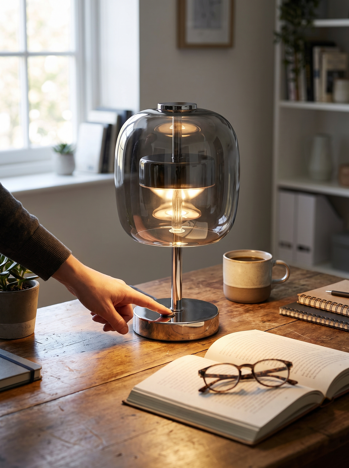 Hand am Druckschalter der Gleam Lamp auf dem Schreibtisch