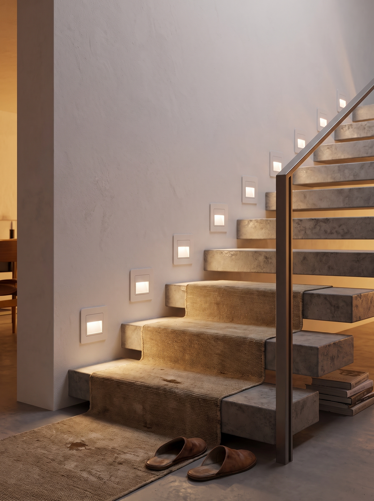 Mehrere Stufenleuchten als Lichtlinie entlang der Treppe
