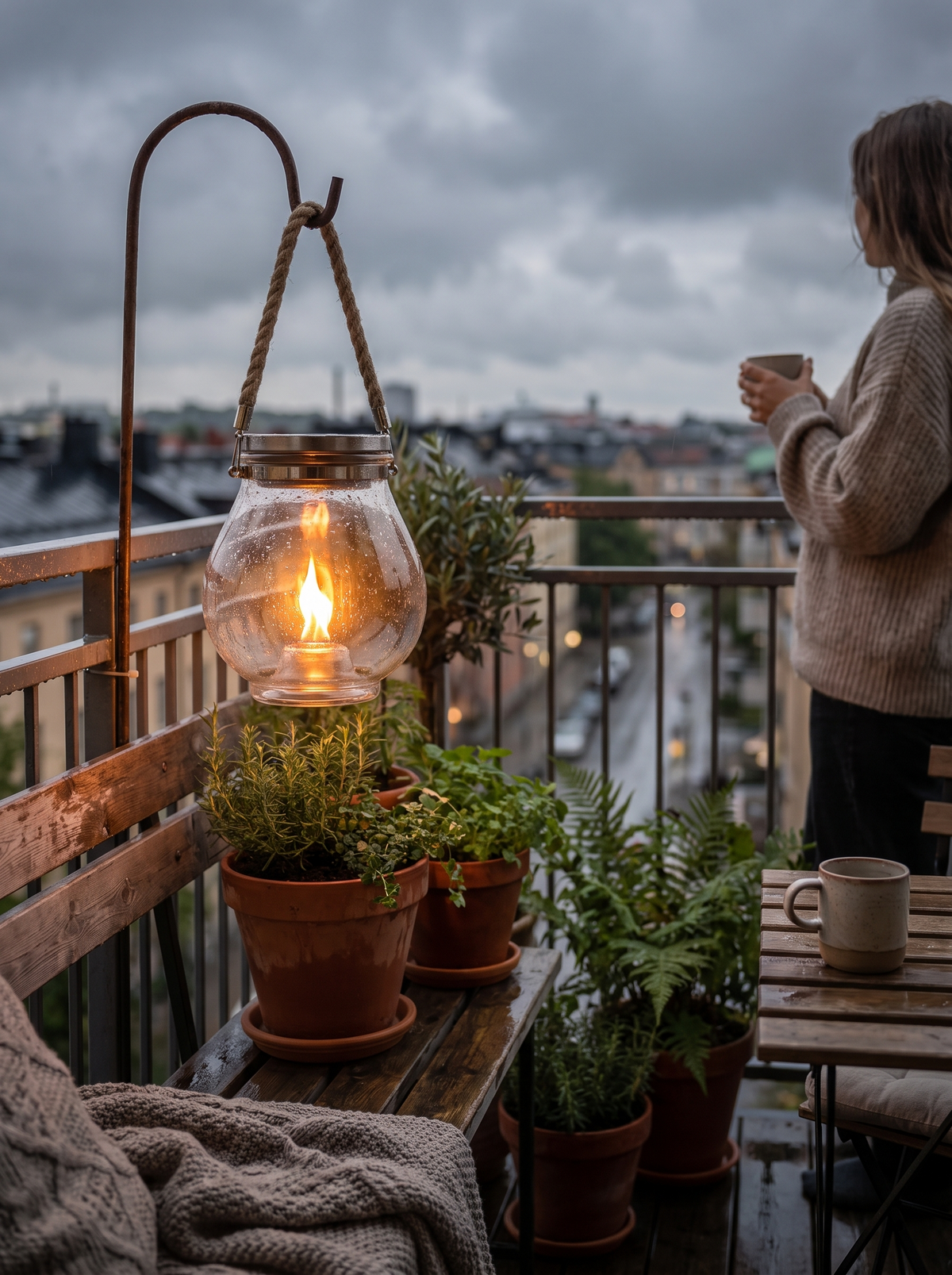 Solarlaterne am Haken auf dem Balkon an einem trüben Abend