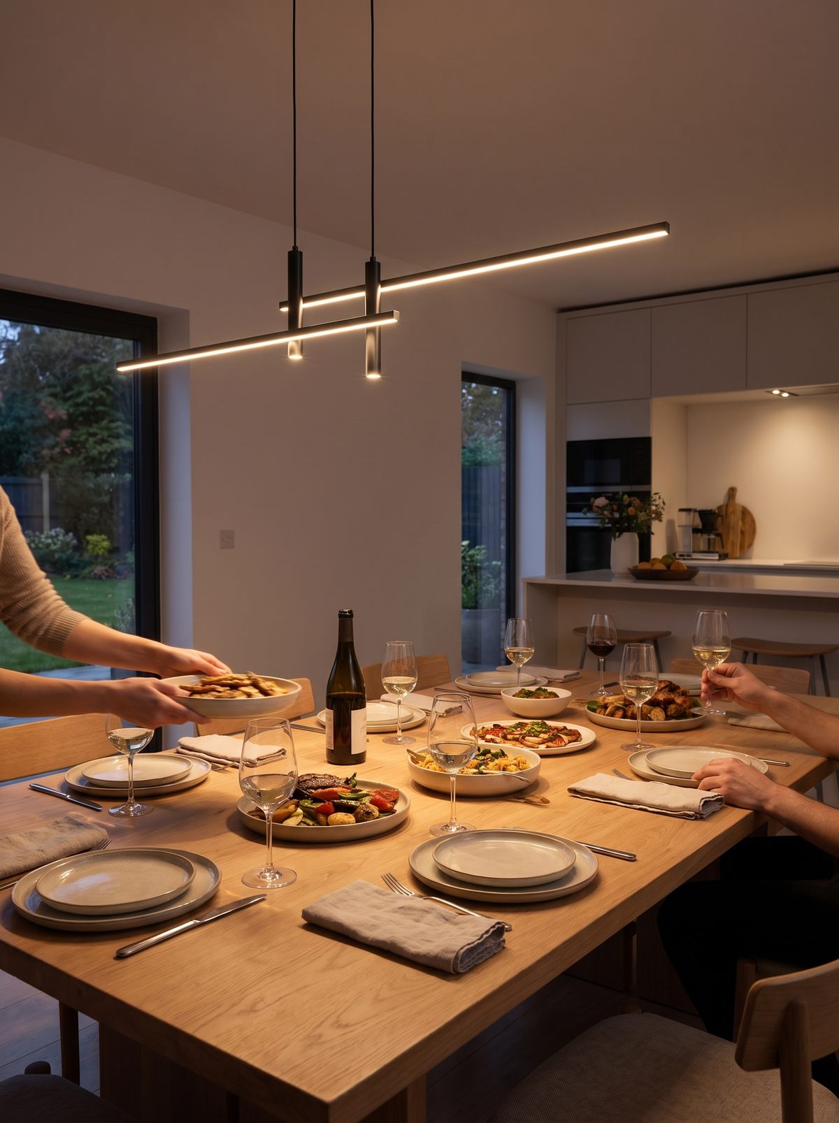 Lineare LED Pendelleuchte über dem gedeckten Esstisch
