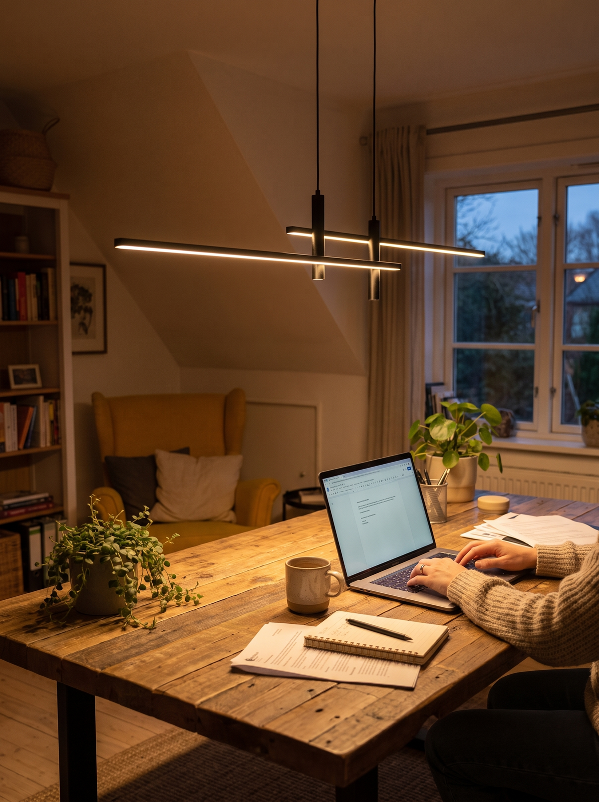 Gedimmte Pendelleuchte über dem Arbeitsplatz am Abend