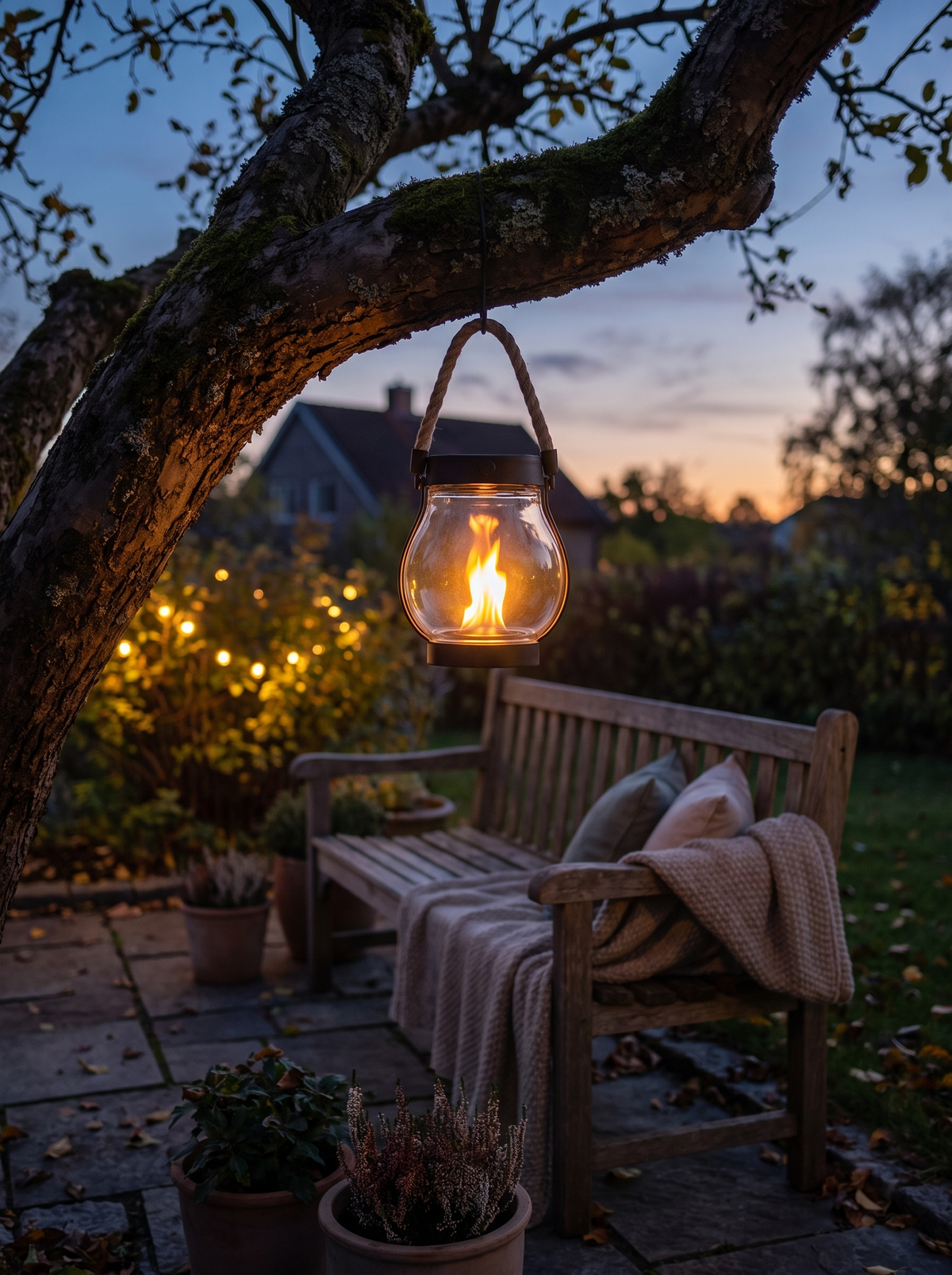 Solarleuchte hängt am Ast über der Gartenbank