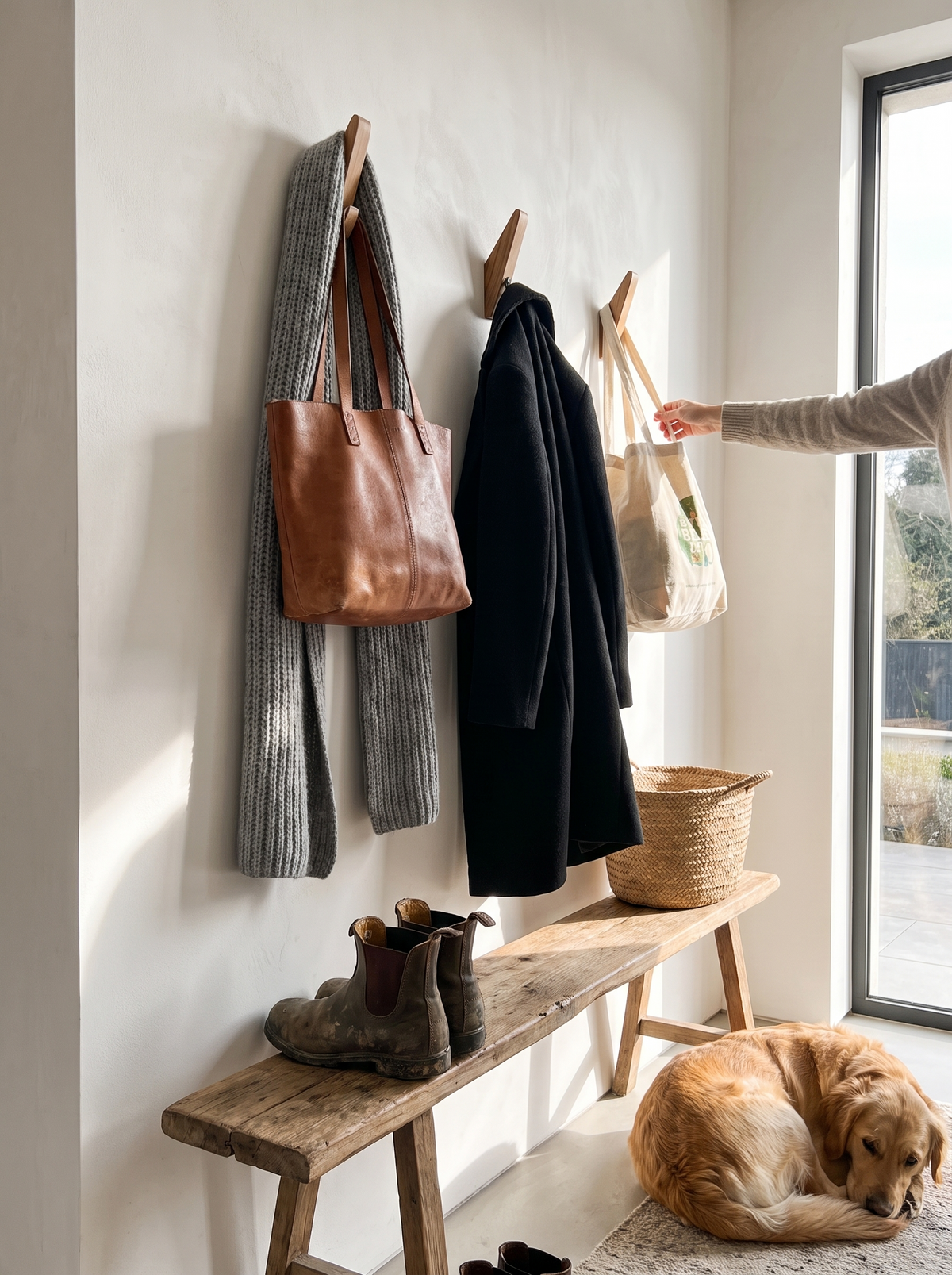Wandhaken aus Massivholz mit Mantel und Tasche im Flur