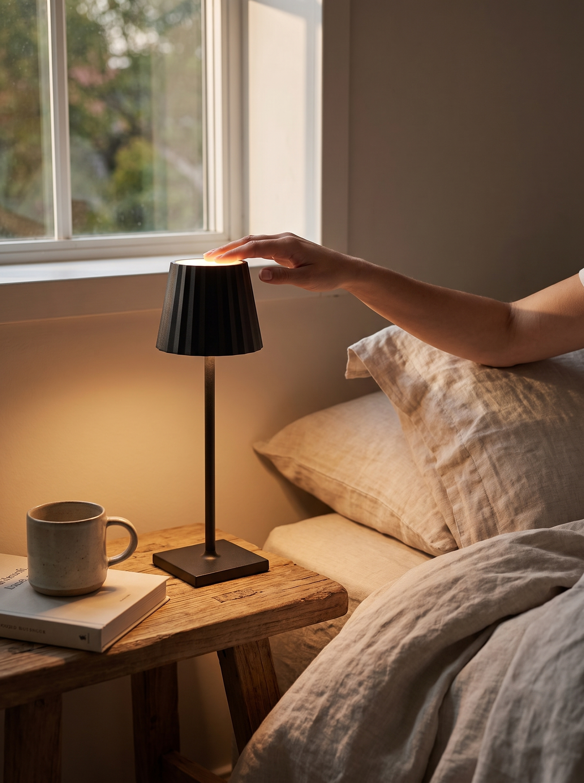 Hand dimmt die kabellose Tischlampe per Berührung