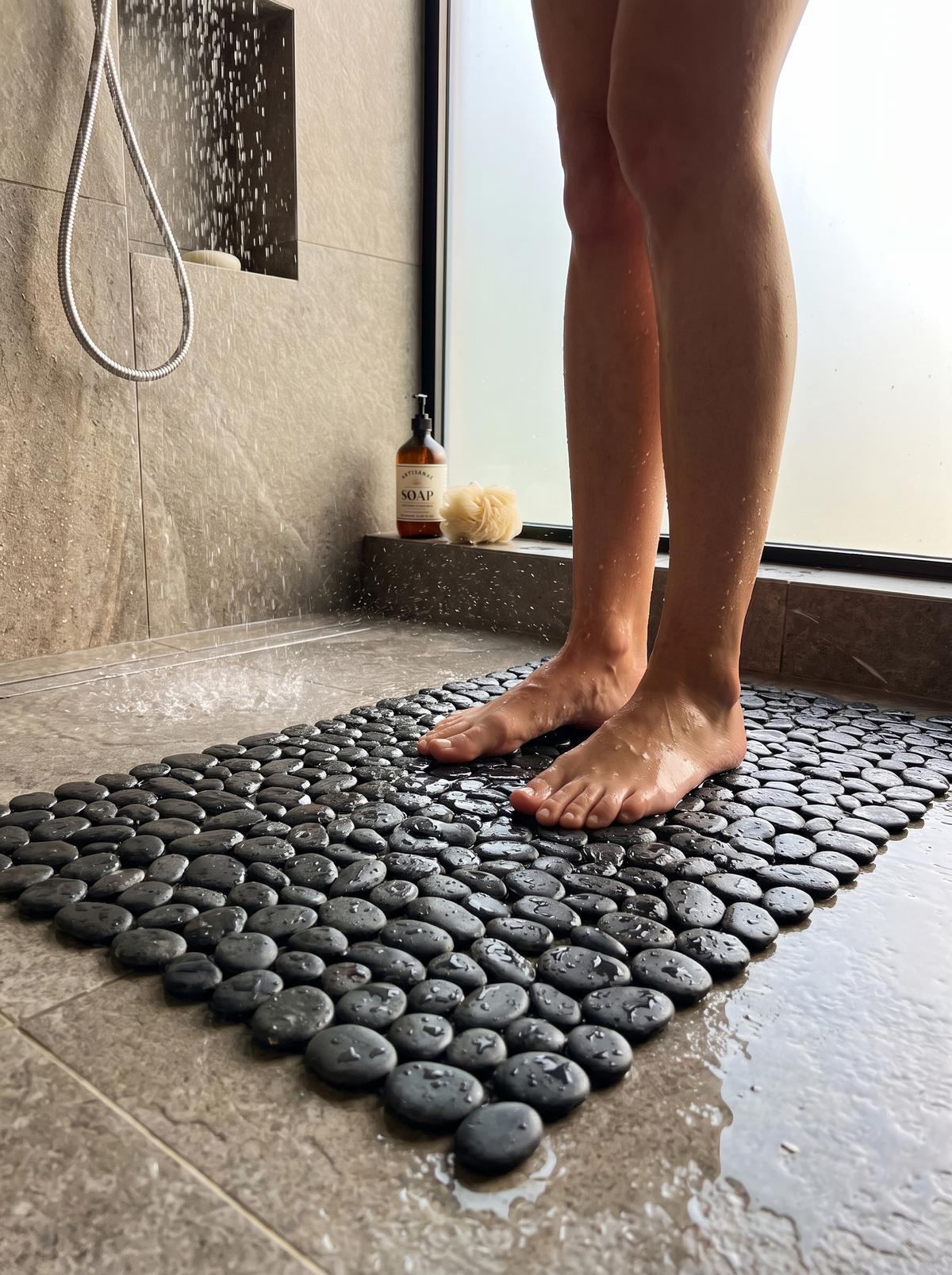 Rutschfeste Duschmatte in Kieselstein Optik in der Dusche