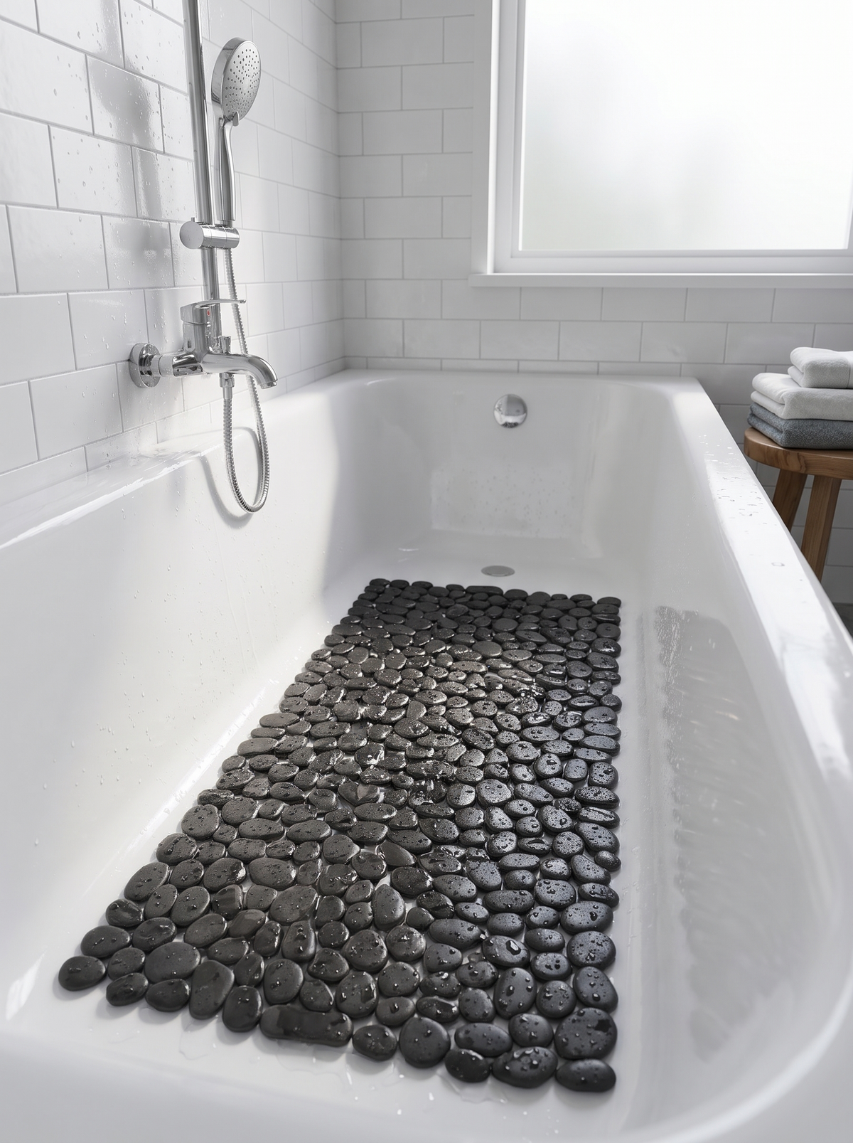 Duschmatte in der Badewanne, Wasser fliesst durch die Öffnungen ab