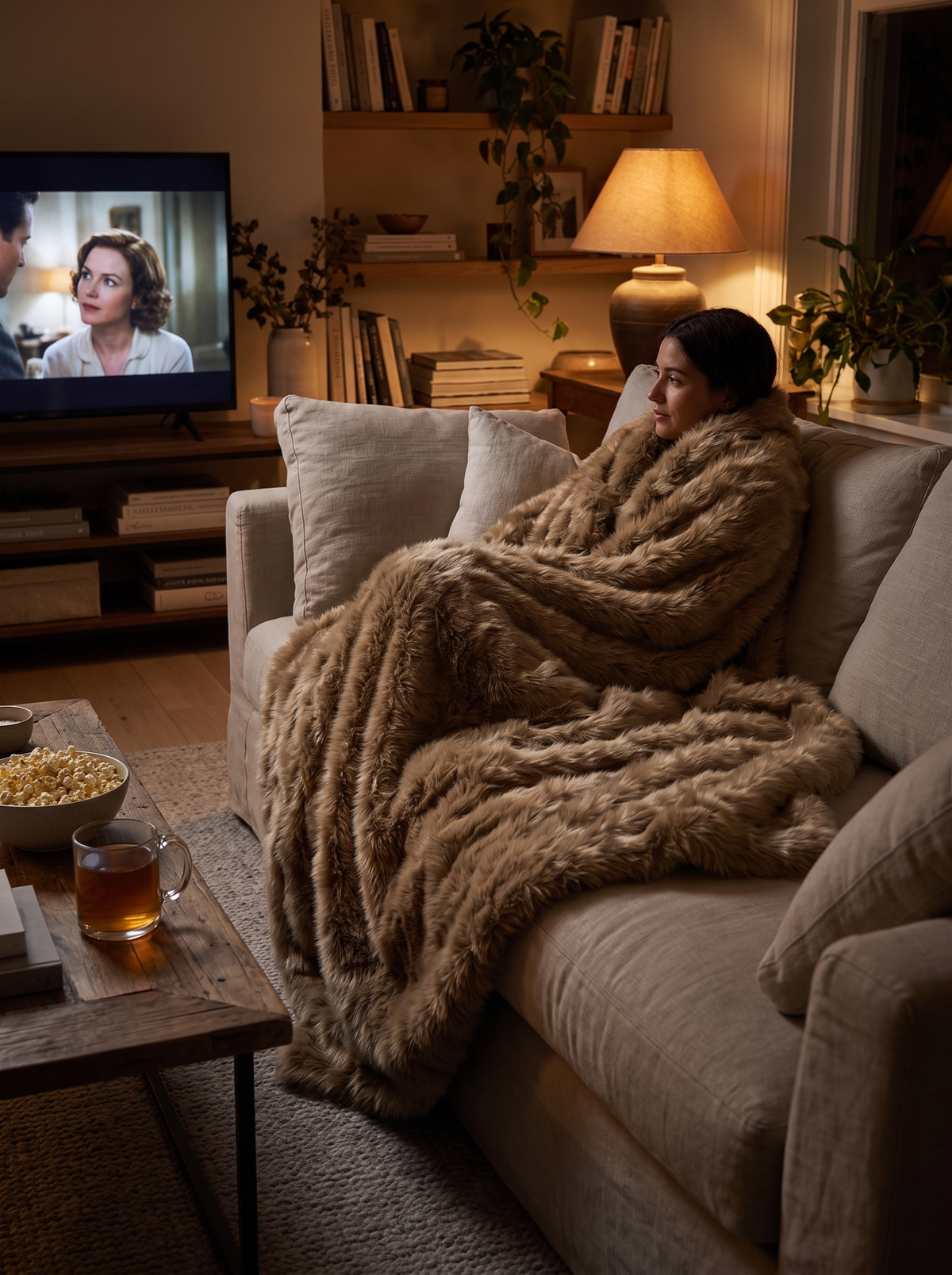 Person eingekuschelt in die Webpelz Kuscheldecke auf dem Sofa