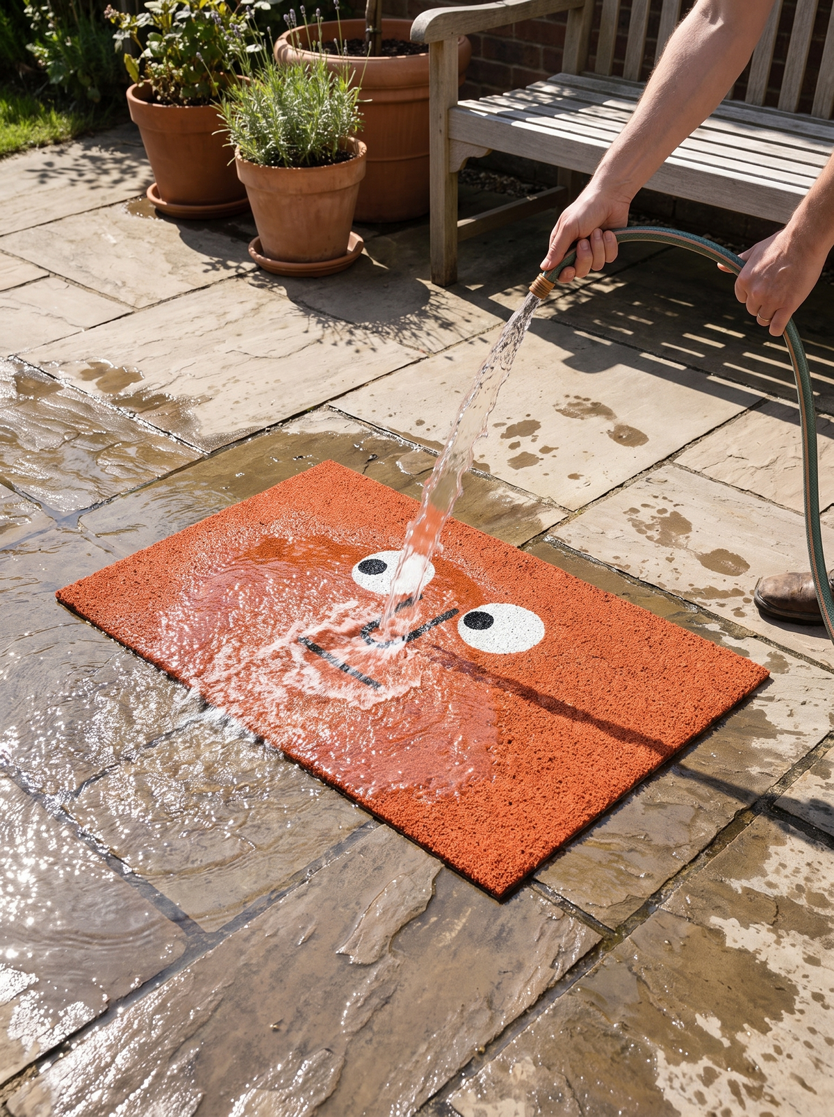 Fussmatte wird mit dem Gartenschlauch abgespült