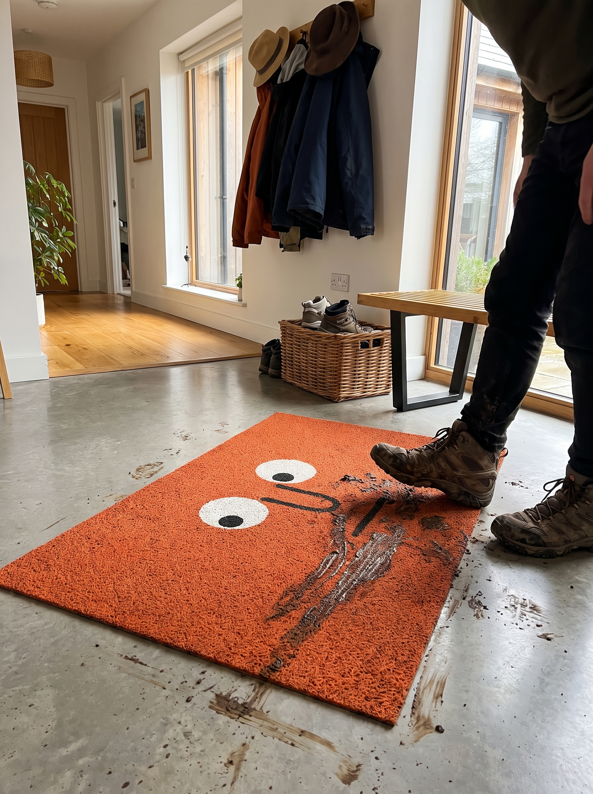 Schmutzige Stiefel auf der Fussmatte im Eingangsbereich