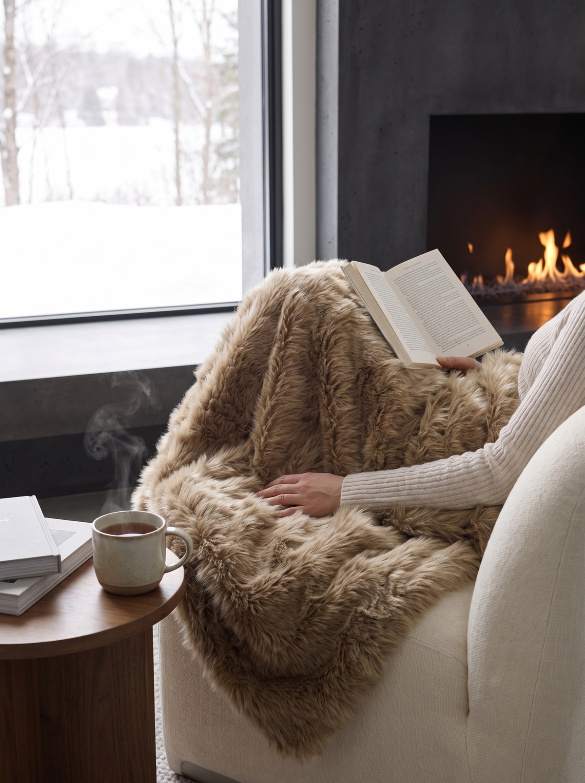 Person liest im Sessel mit der Kuscheldecke über den Beinen