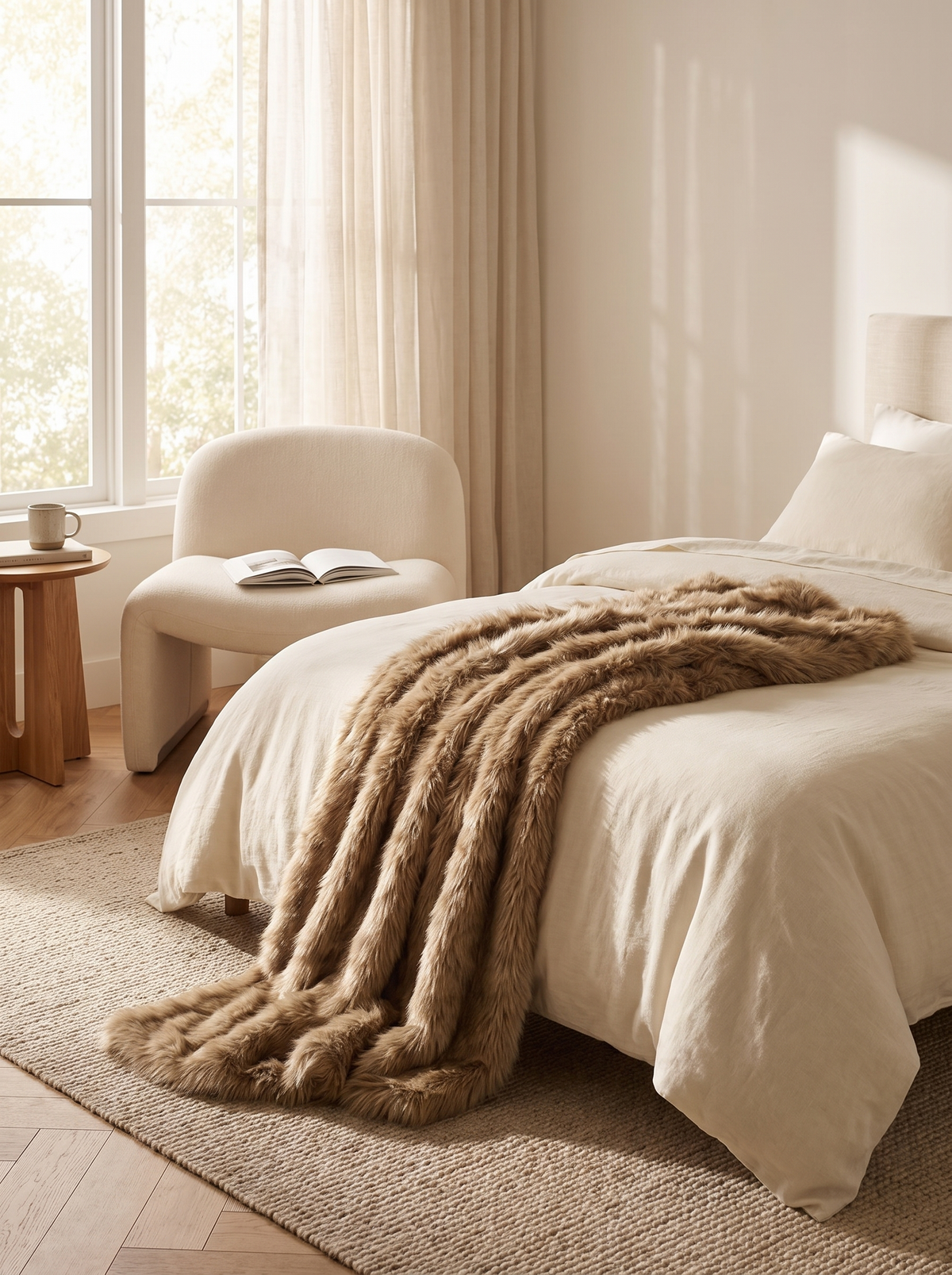 Webpelz Kuscheldecke am Fussende des Bettes