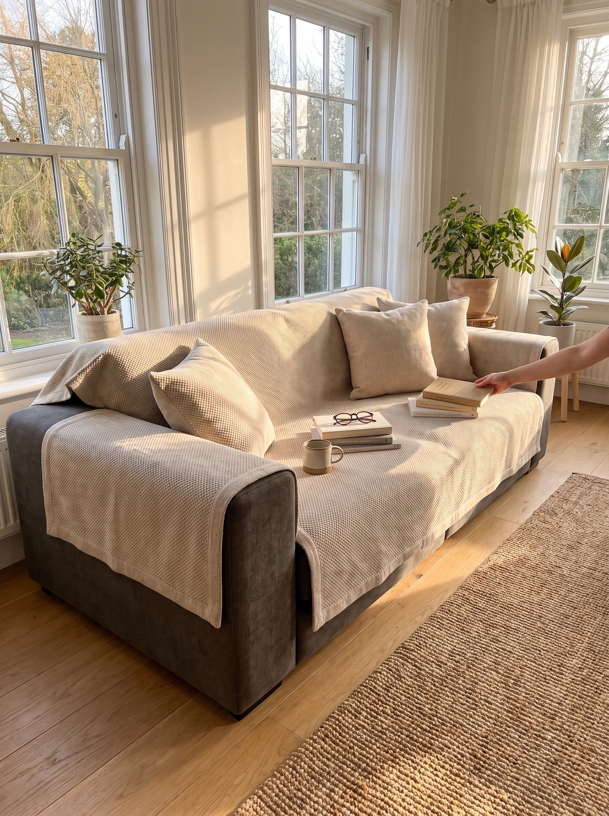 Sofaschoner aus Baumwolle und Leinen auf dem Sofa im Wohnzimmer