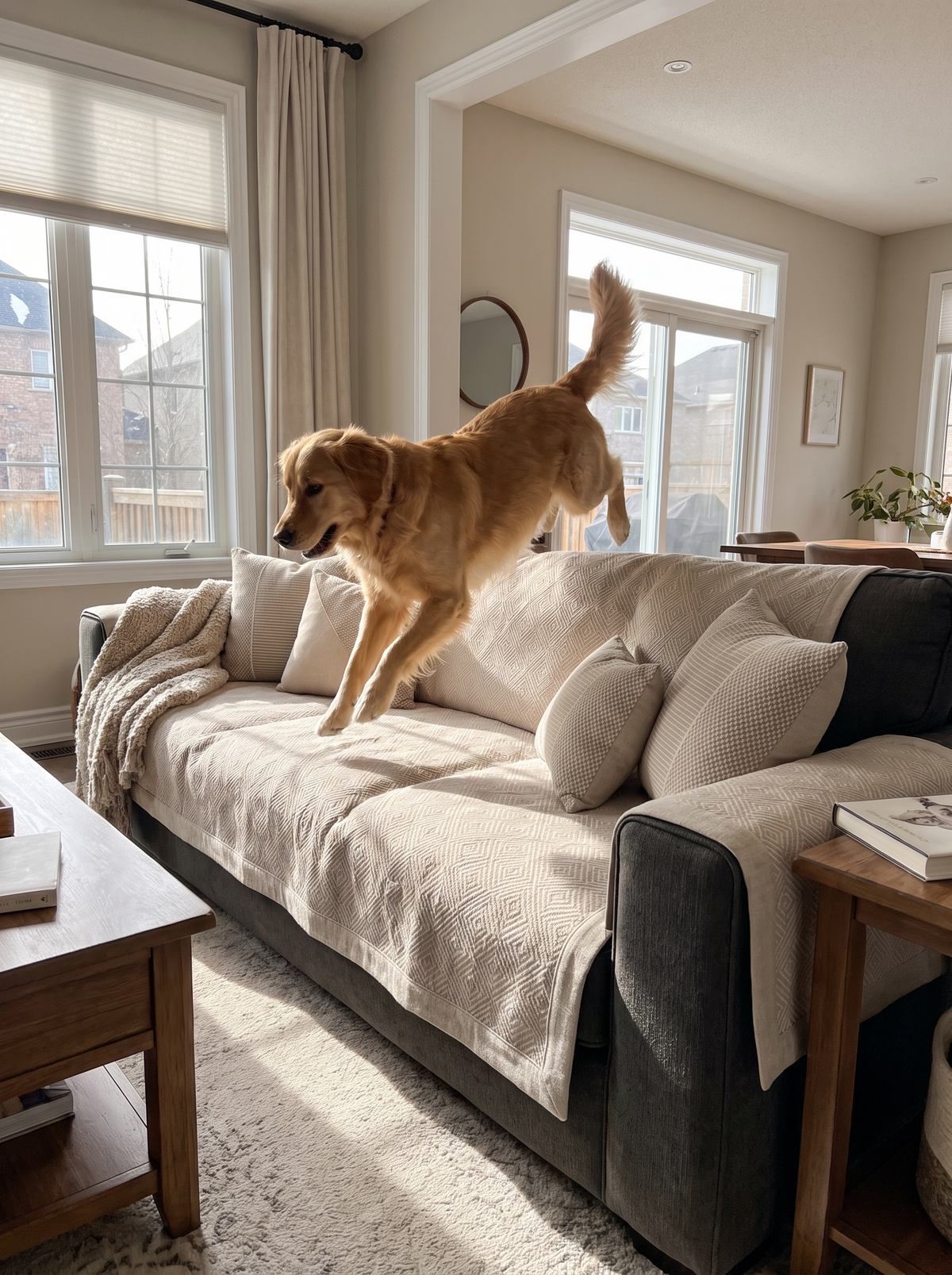 Hund springt auf das Sofa mit rutschfestem Sofaschoner