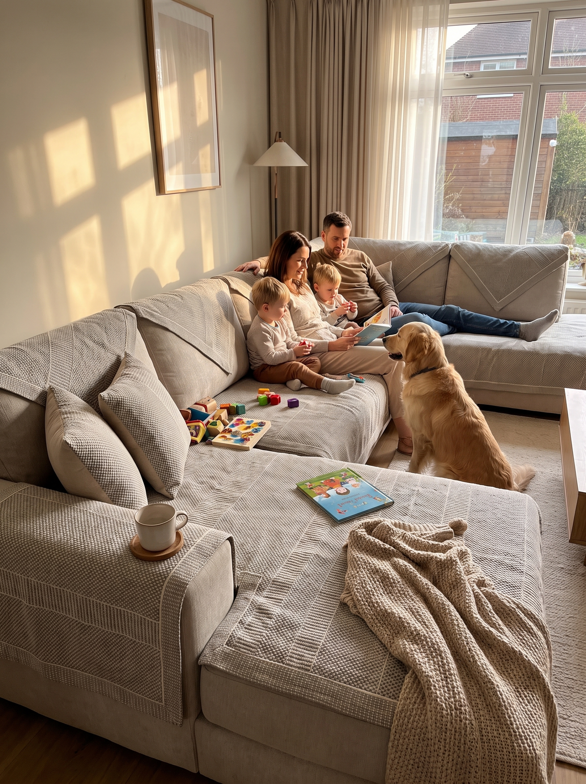 Ecksofa mit mehreren Sofaschonern im Wohnzimmer