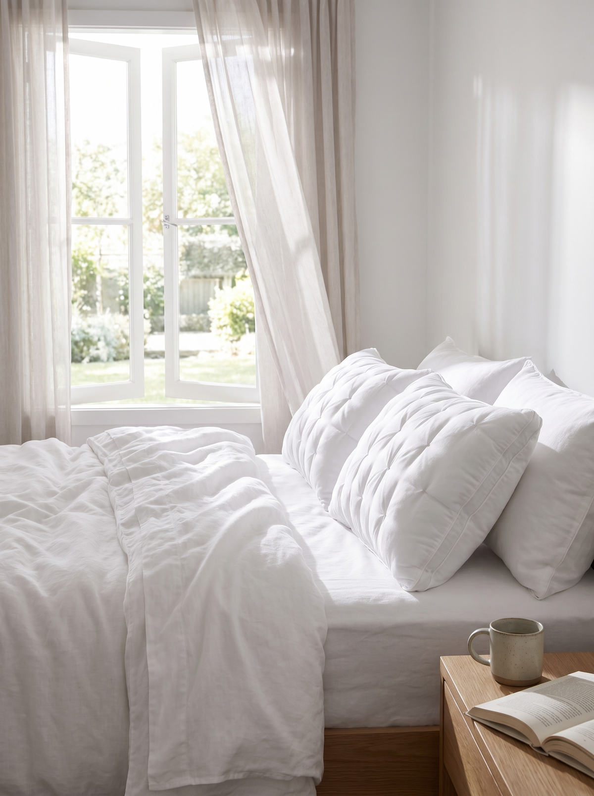 Zwei Kopfkissen auf dem gemachten Bett im hellen Schlafzimmer