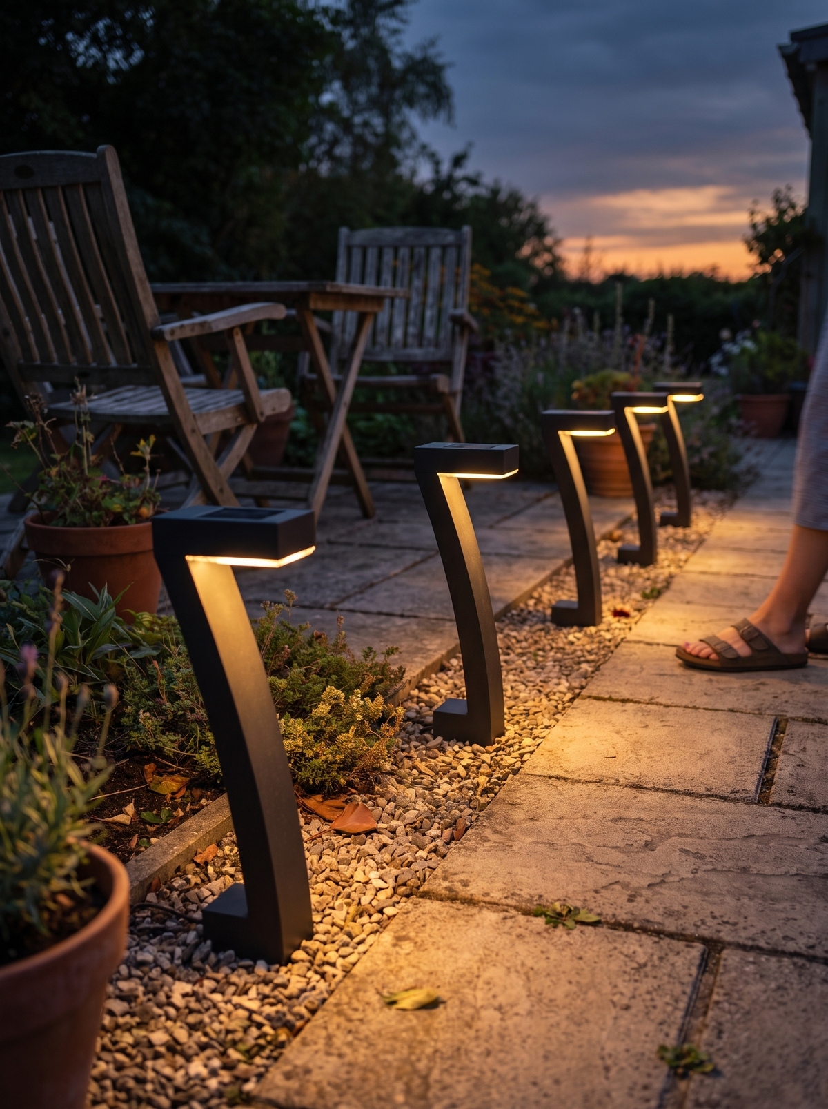Solar Gartenleuchten leuchten in der Dämmerung an der Terrasse