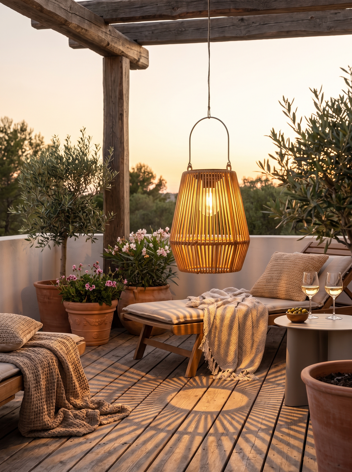 Rattan Solarlaterne leuchtet am Sommerabend auf der Terrasse