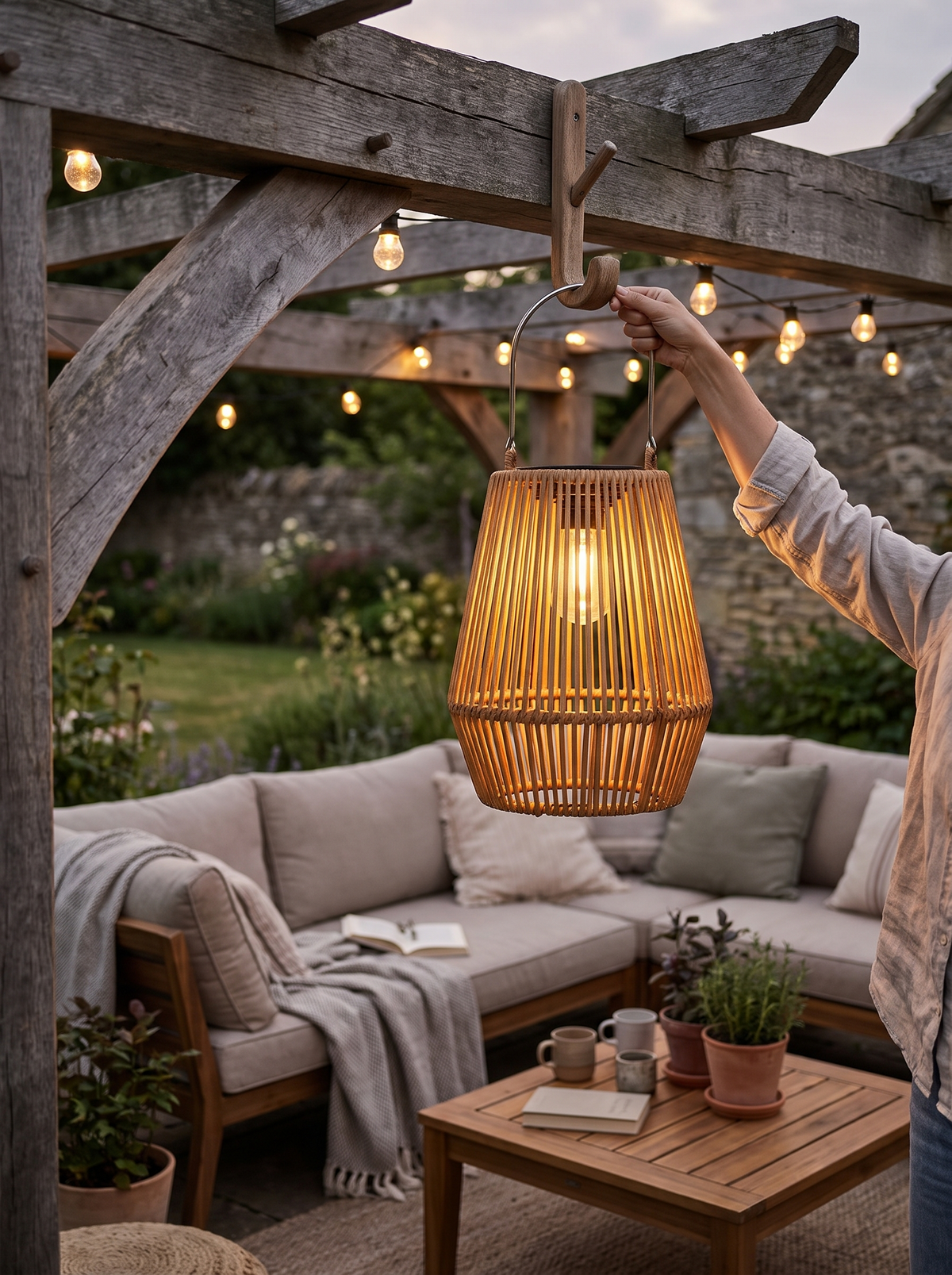 Hand hängt die Rattan Laterne an den Haken der Pergola