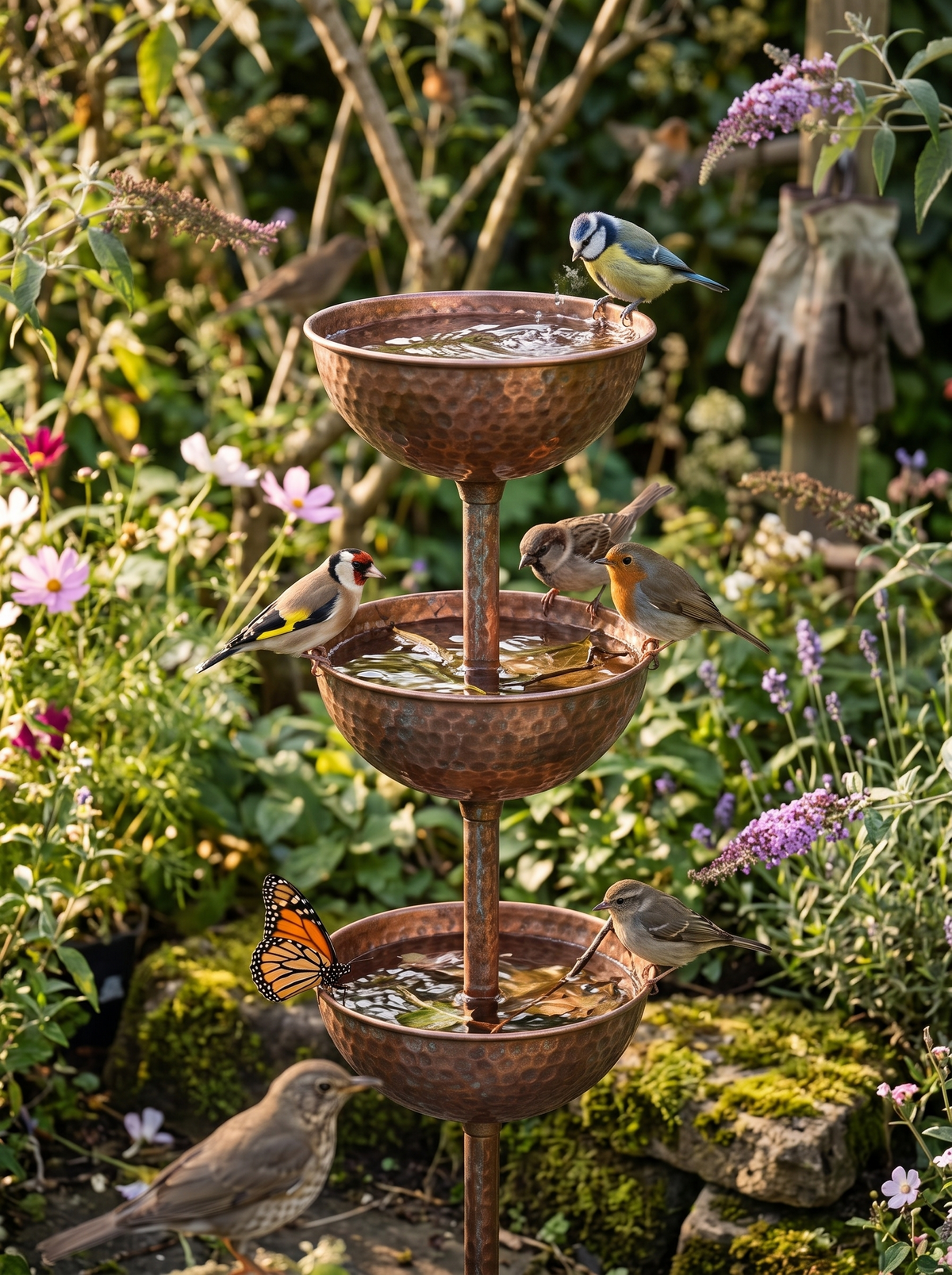 Drei Wasserschalen der Vogeltränke mit mehreren Vögeln