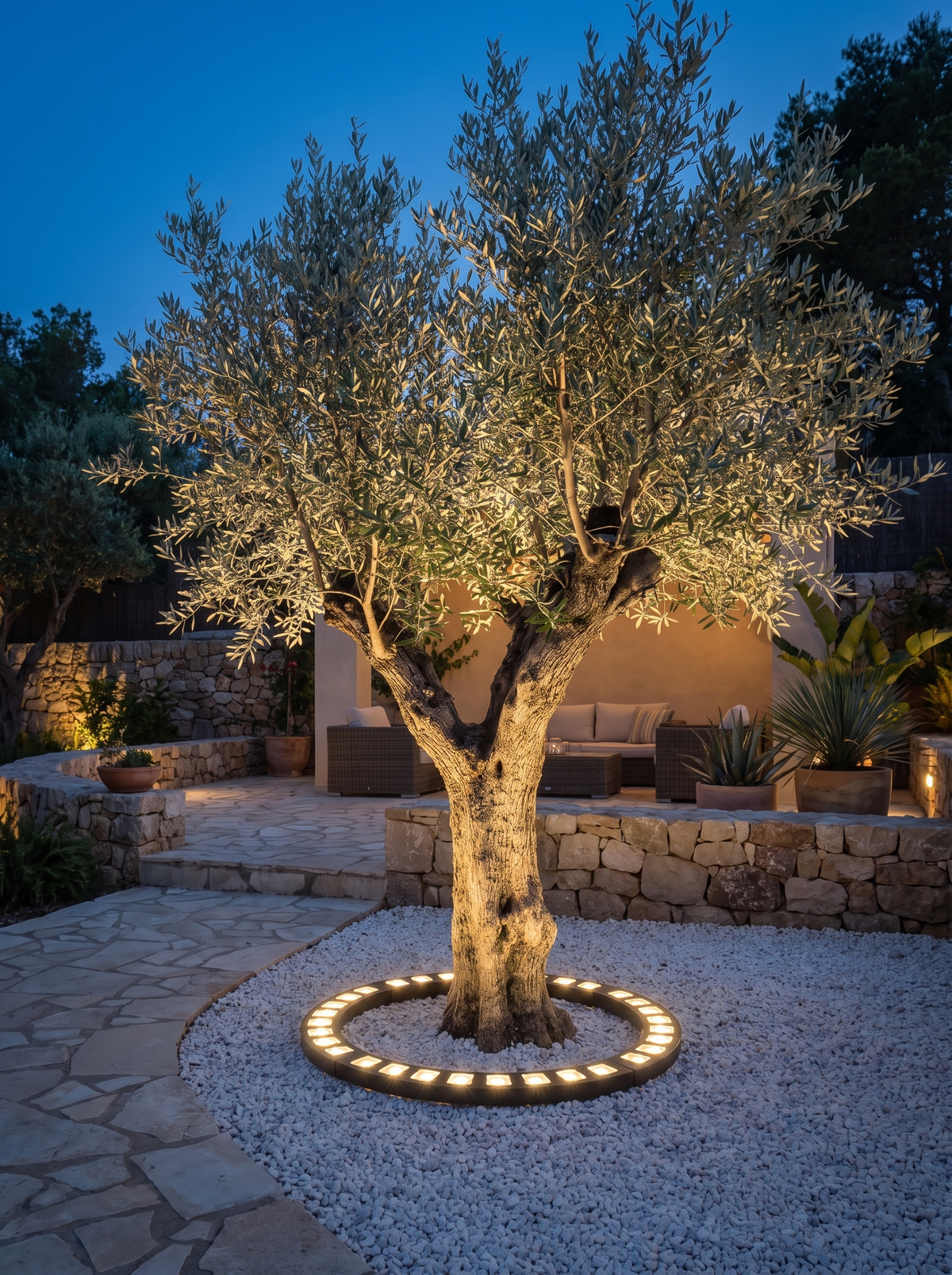 LED Ring Strahler beleuchtet den Baum bei Nacht von unten