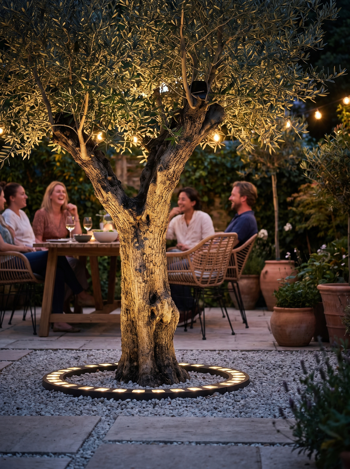 Sitzplatz im Garten neben dem warm beleuchteten Baum am Abend