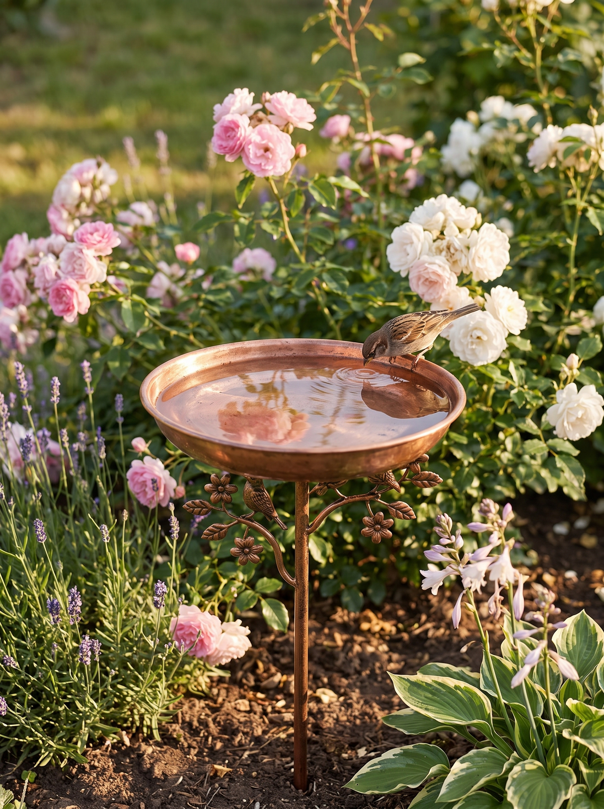 Vogeltränke mit Vogeldekor zwischen Rosen und Stauden