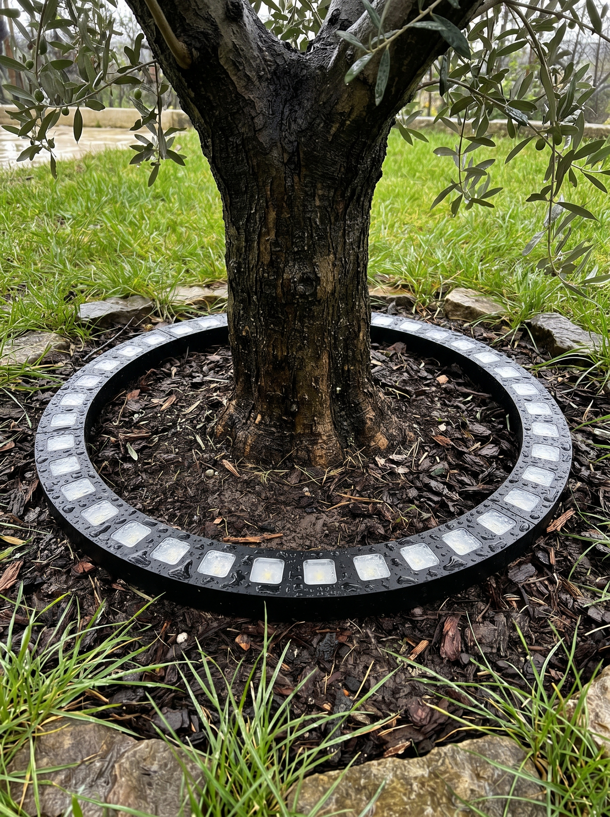 LED Ring Strahler aus Aluminium am Baumstamm nach dem Regen